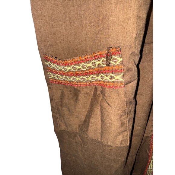 Handmade Brown Short-Sleeve Button-Up Dress With Embroidered Pockets & Collar Tr - Picture 4 of 8